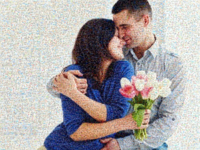 photo mosaic of mother kissing father after getting flower gift